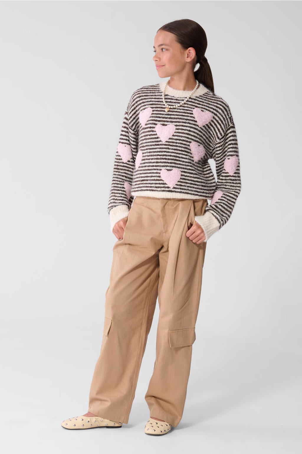 Shoeby gebreide gestreepte trui met hartjes en wol - zwart/wit/roze