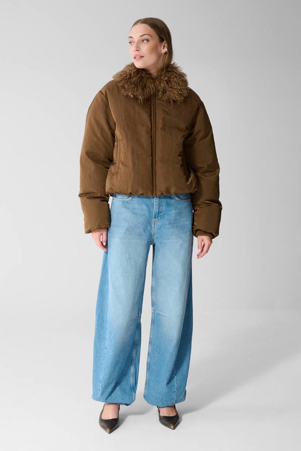 Shoeby winterbomberjack met imitatiebontkraag - bruin