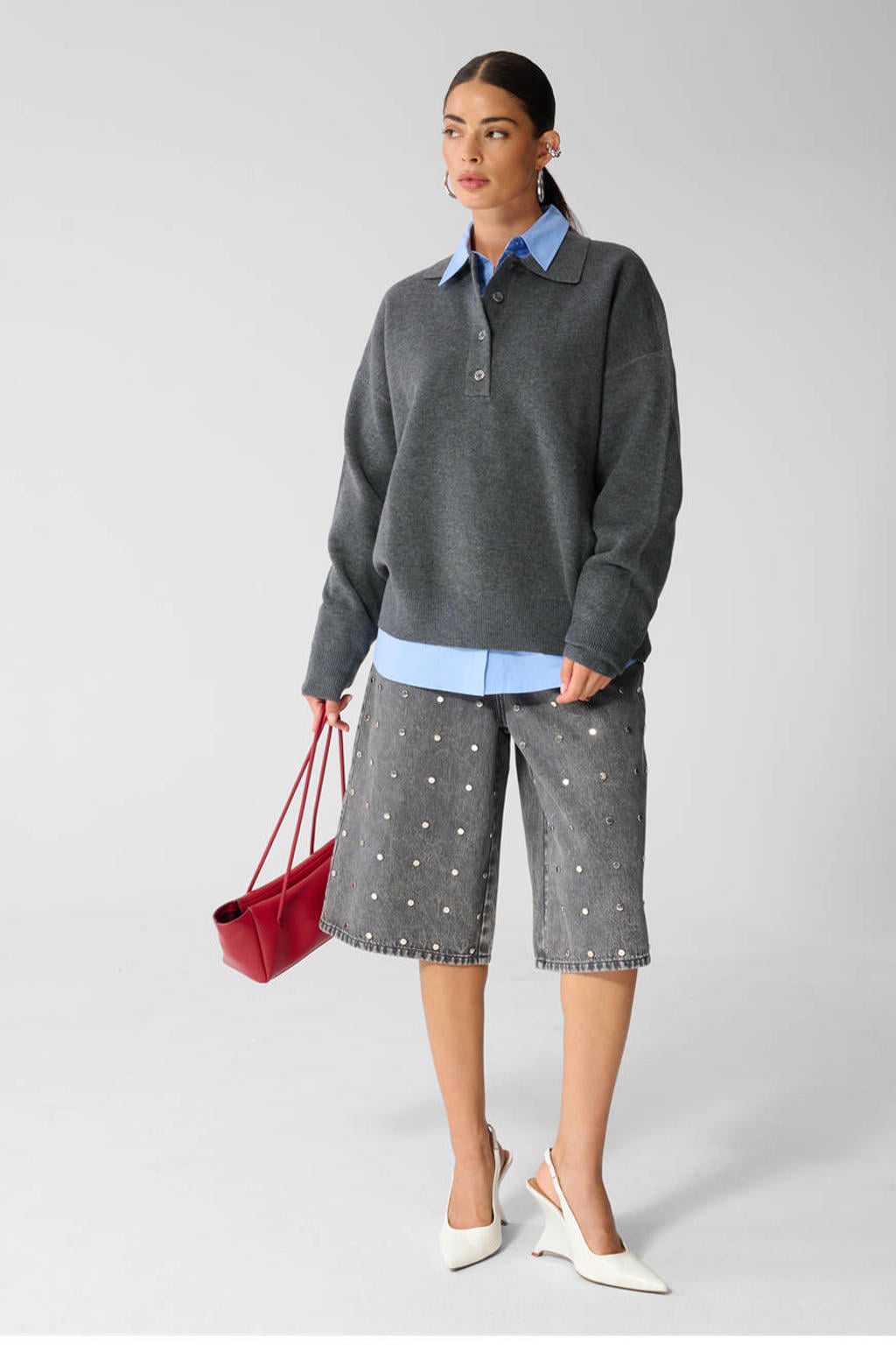 Grijze dames Shoeby wollen trui met effen, lange mouwen, button down sluiting en knoopsluiting