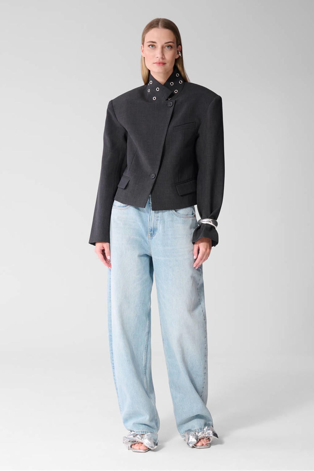 Shoeby geruite cropped blazer met studs - donkergrijs
