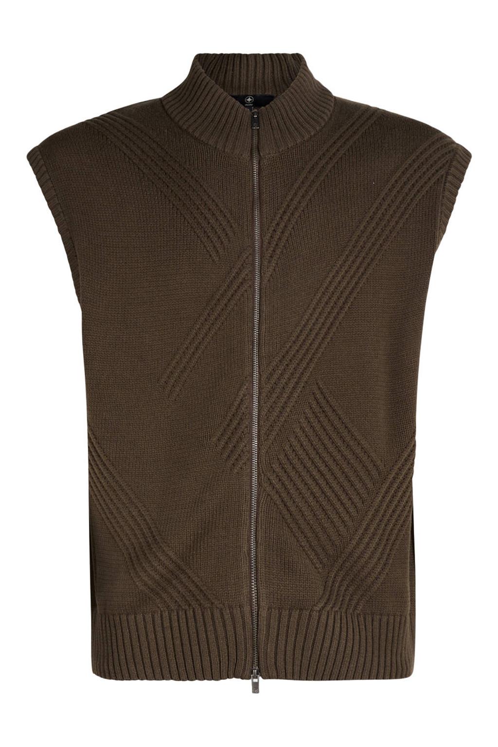Donkerblauwe heren Shoeby katoenen gebreid vest met opstaande kraag en ritssluiting