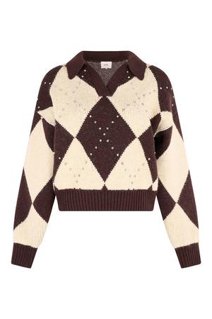 gebreide geruite trui met studs - bruin/ecru