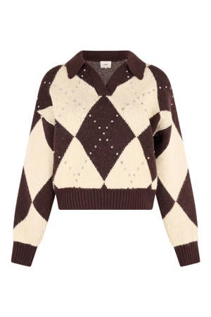 gebreide geruite trui met studs - bruin/ecru