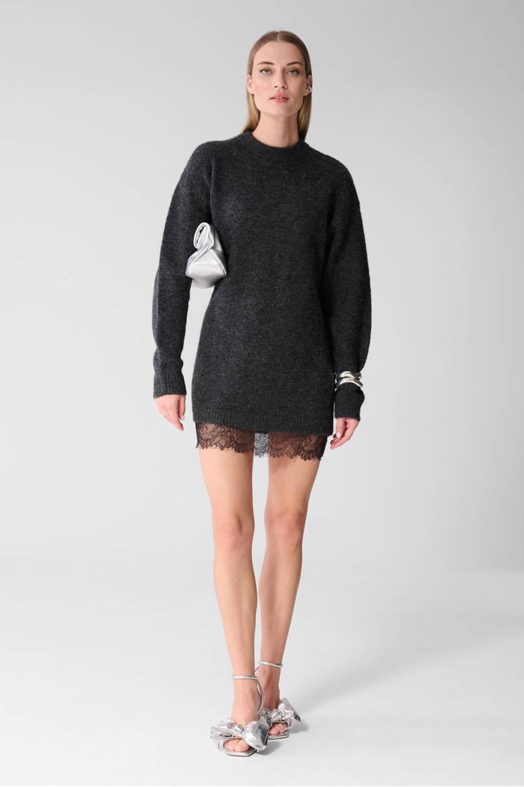 Antraciete dames Shoeby korte gebreide jurk met effen, lange mouwen, ronde hals en kant