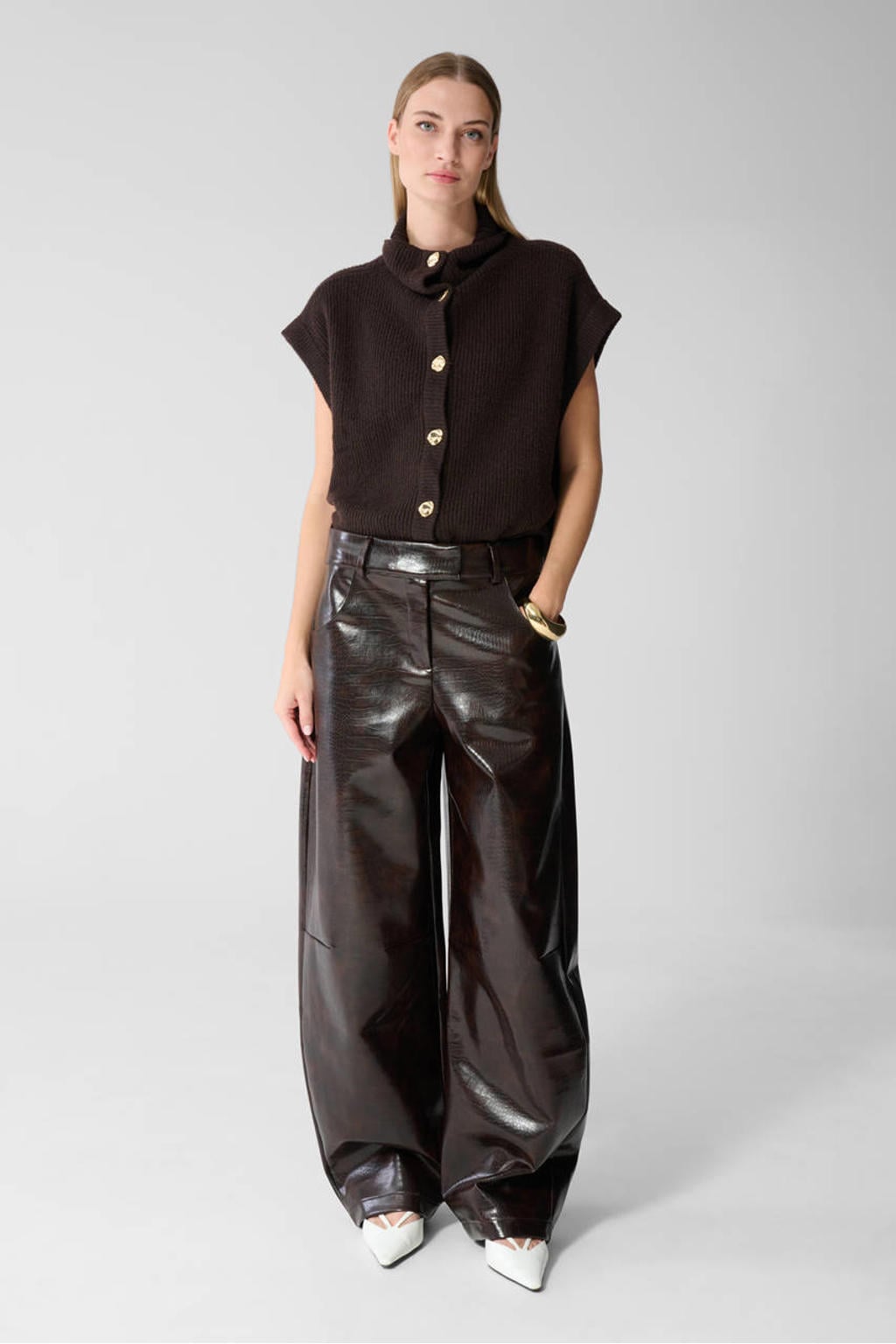 Shoeby imitatieleren barrel broek - donkerbruin