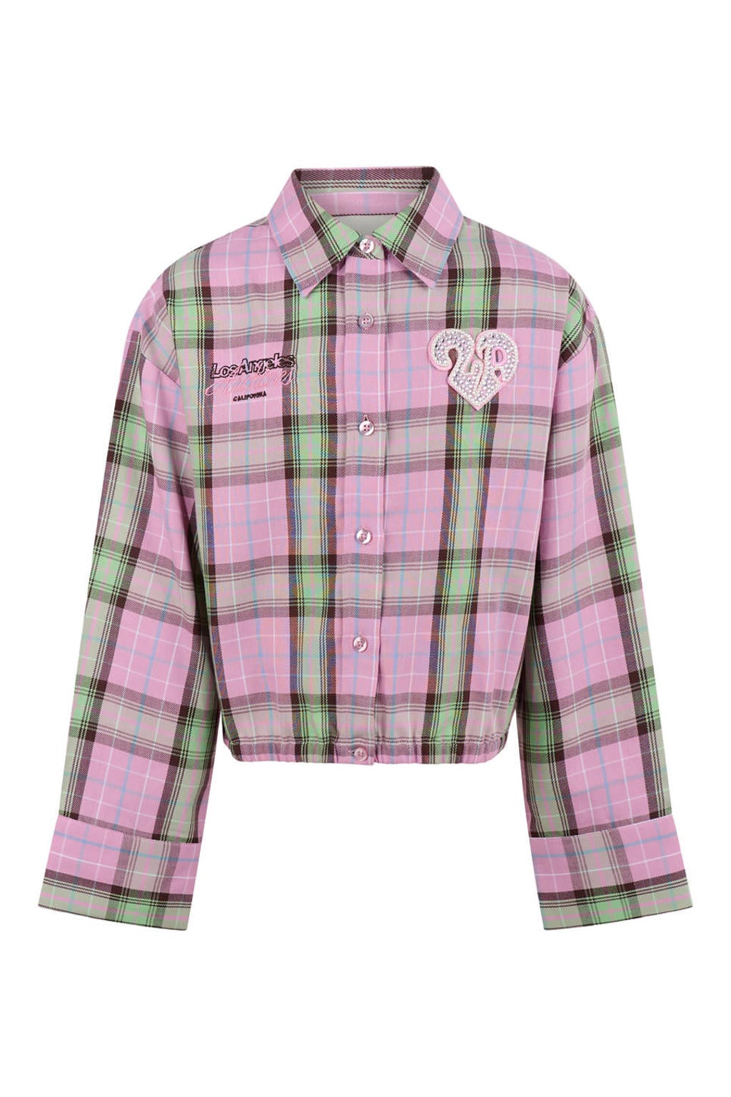Lichtroze en groene meisjes Shoeby getailleerde geruite blouse van katoen met lange mouwen, klassieke kraag, knoopsluiting en 3D applicatie