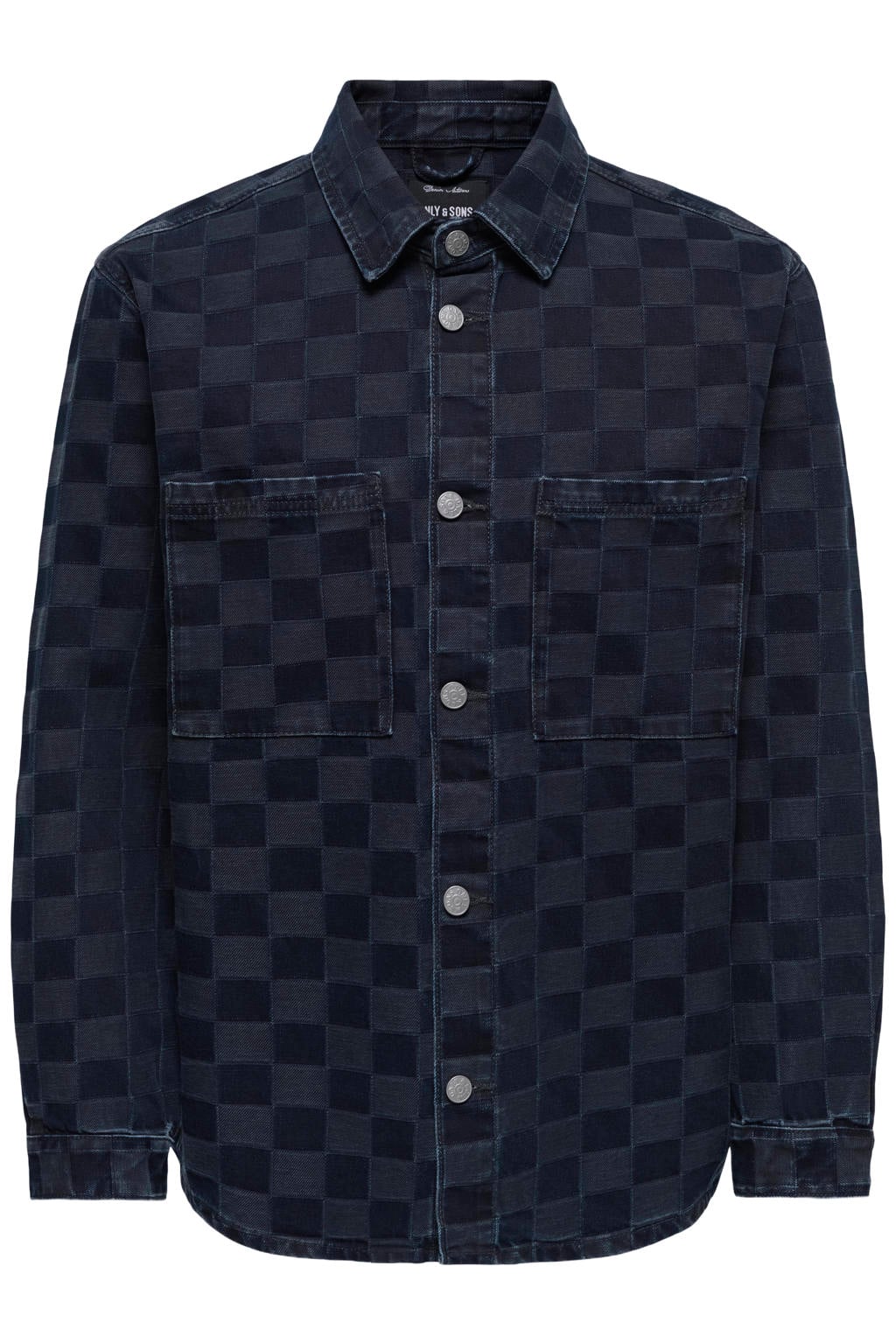 Dark blue denim heren ONLY & SONS regular fit geruit overshirt van denim met lange mouwen en klassieke kraag