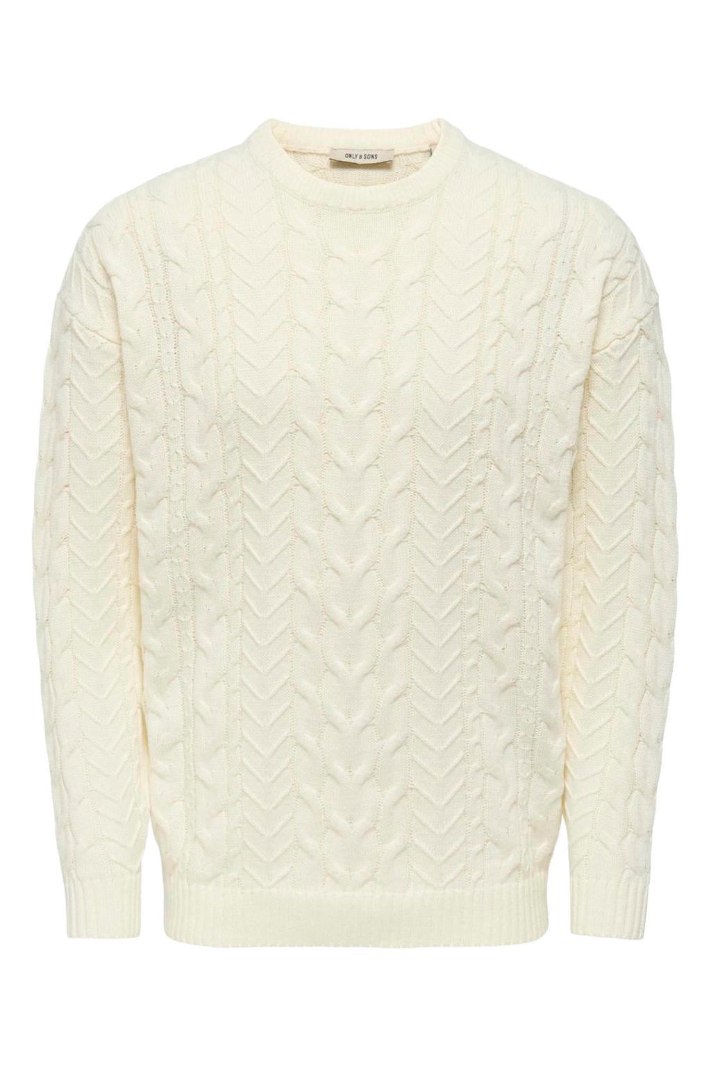 Ecru heren ONLY & SONS regular fit gebreide trui van katoen met effen, lange mouwen en ronde hals