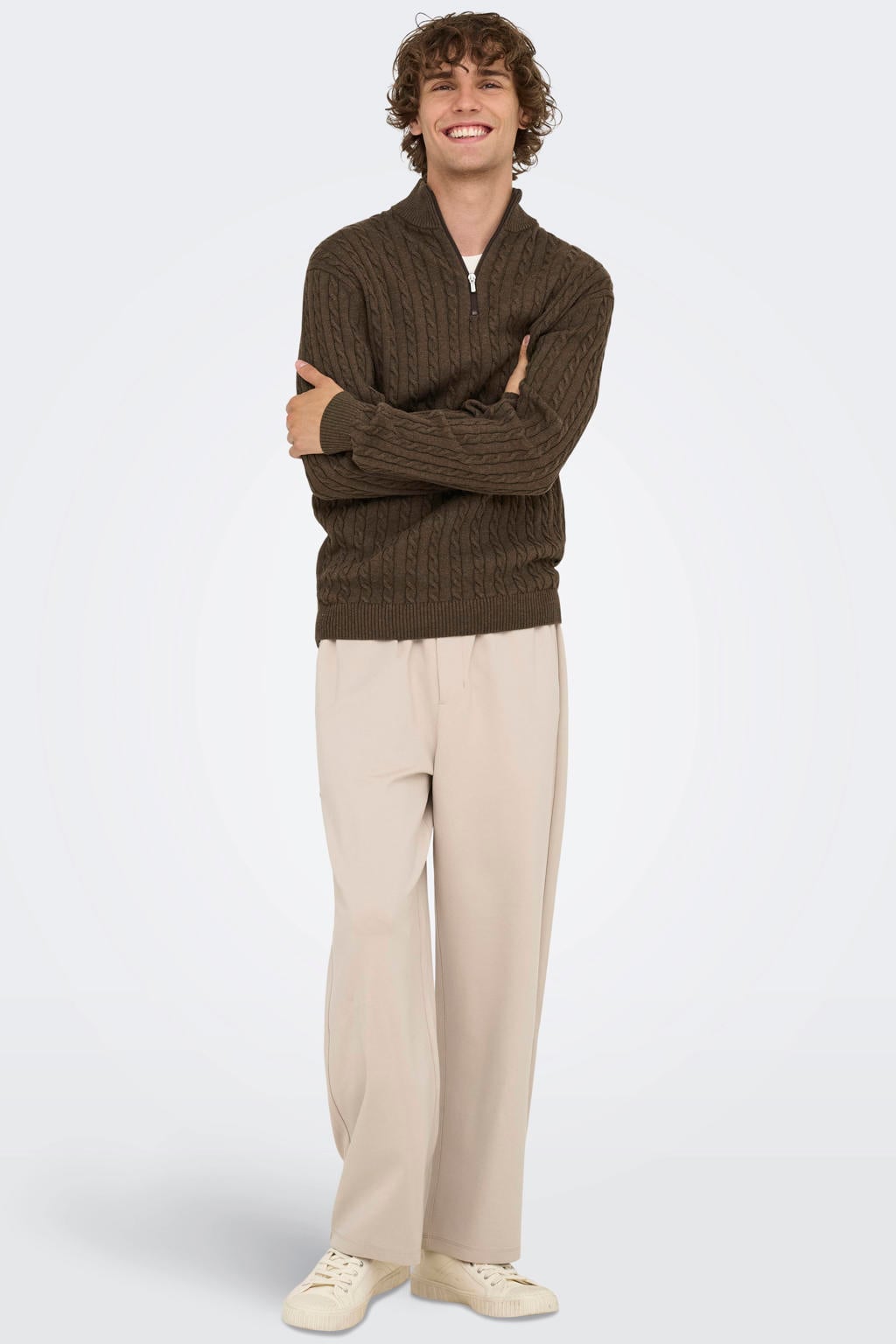 ONLY & SONS regular fit gebreide trui met kabels - coffee bean