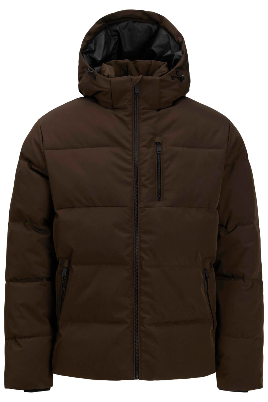 Donkerblauwe heren JACK & JONES ESSENTIALS quilted pufferjas van polyester met effen, lange mouwen, capuchon, ritssluiting en doorgestikte details