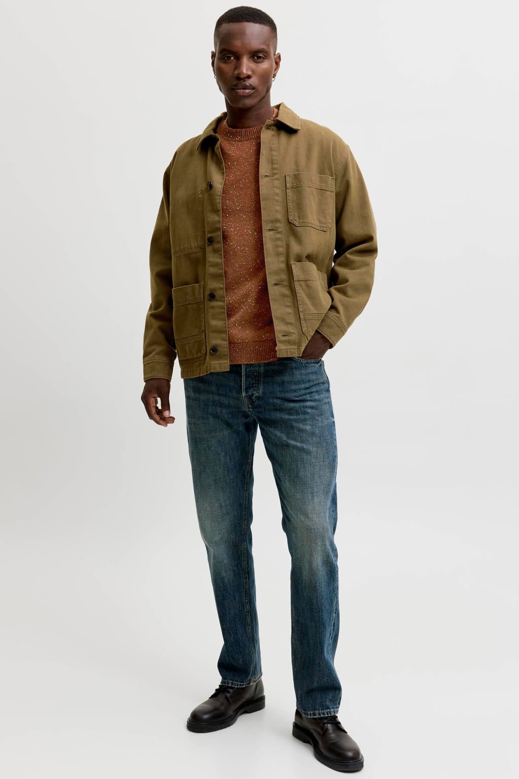 Brique heren JACK & JONES PREMIUM regular fit gemêleerde gebreide trui van katoen met melée print, lange mouwen en ronde hals