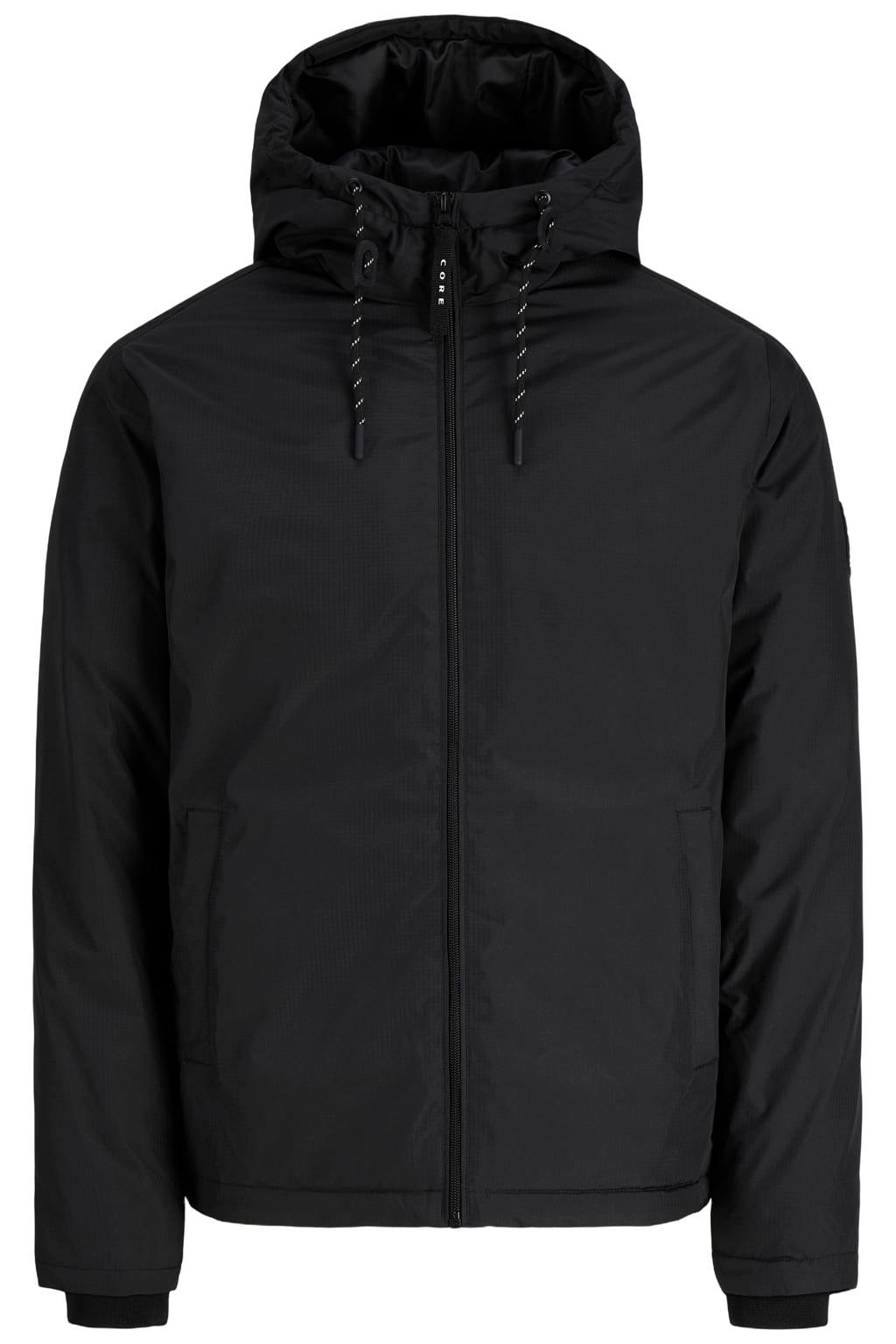 Zwarte heren JACK & JONES CORE winterjas van polyester met effen, lange mouwen, capuchon en ritssluiting