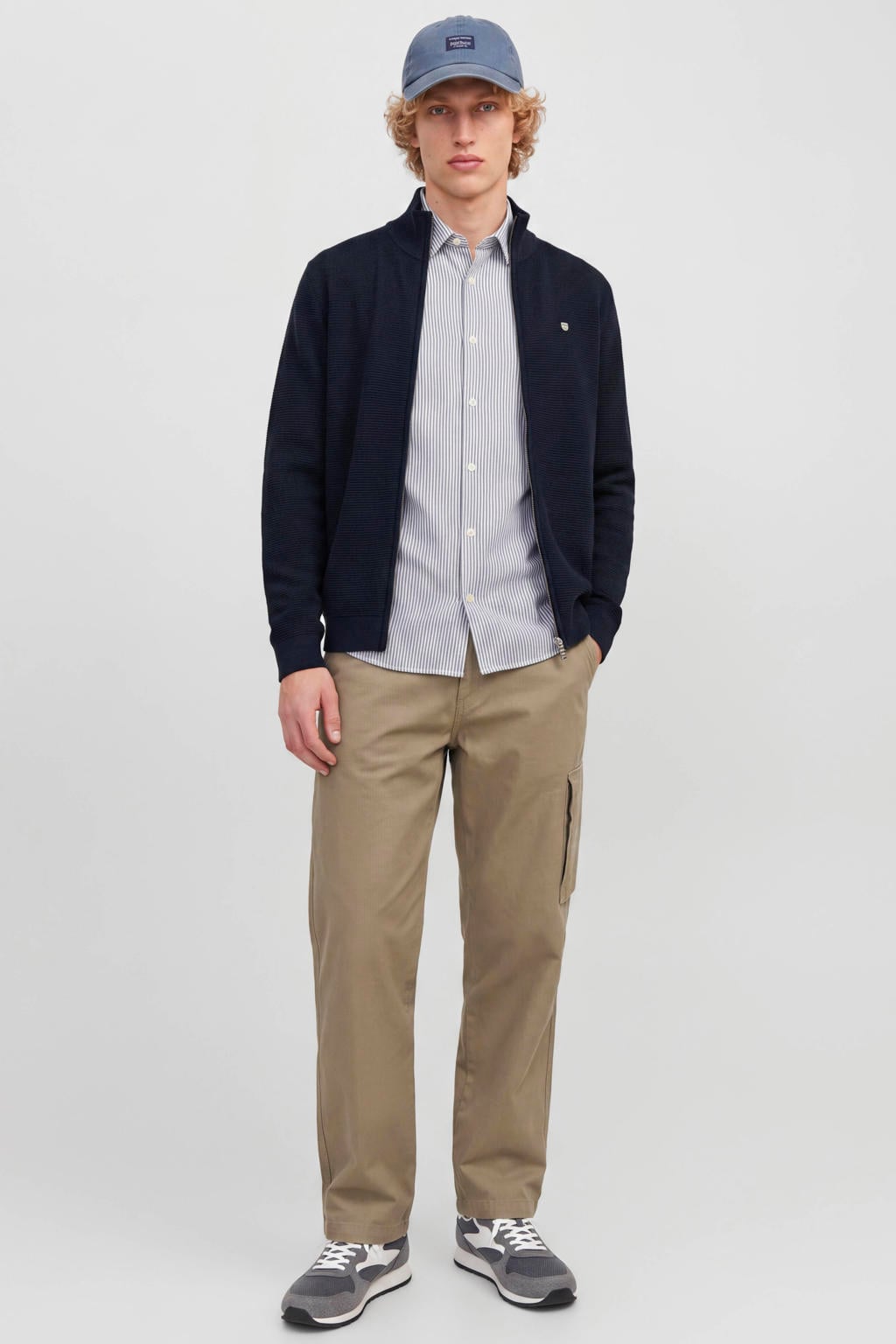Donkerblauwe heren JACK & JONES PREMIUM katoenen gebreide vest met lange mouwen, opstaande kraag en ritssluiting