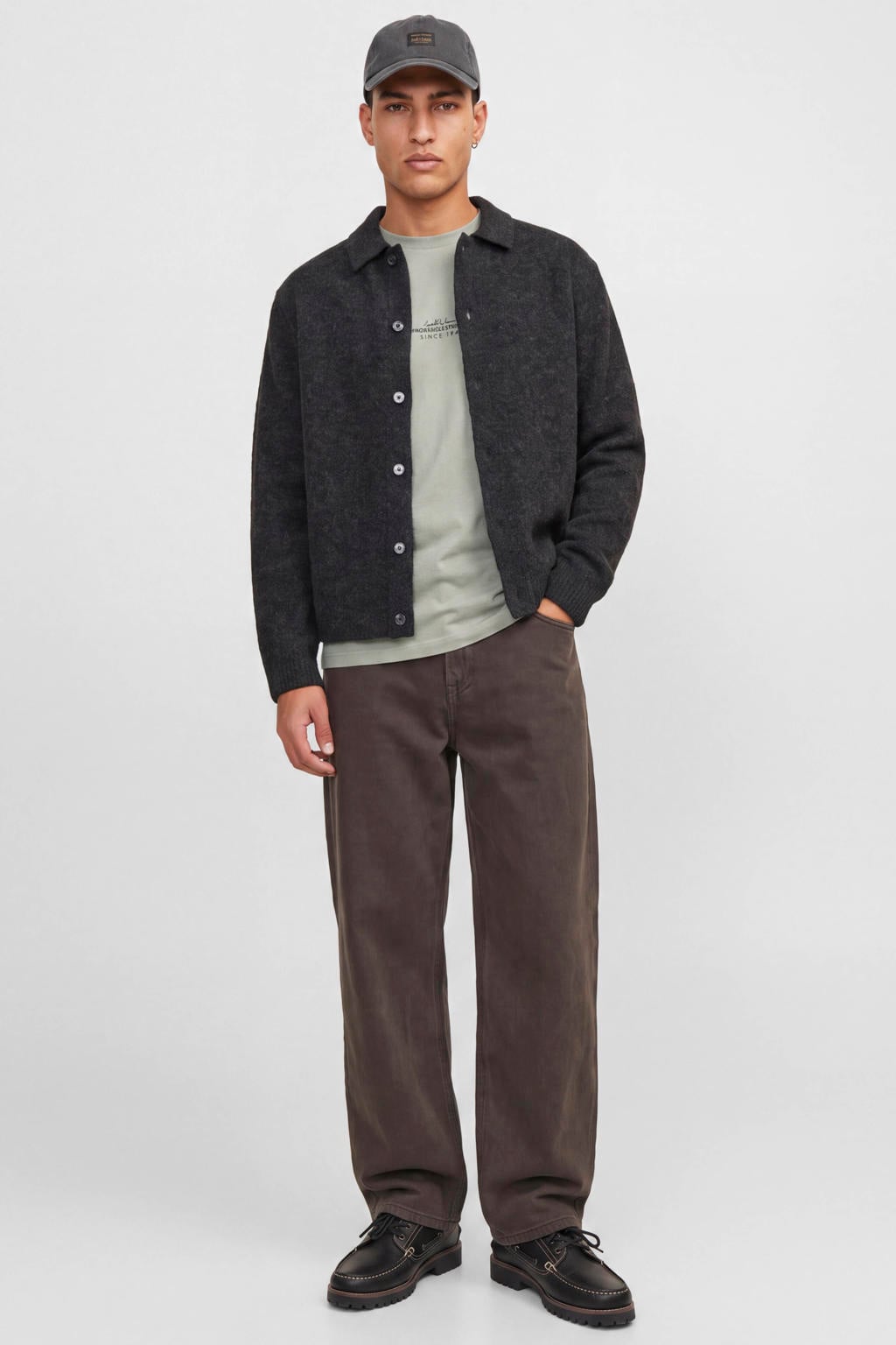 Grijsgroene heren JACK & JONES PREMIUM regular fit longsleeve van katoen met lange mouwen en ronde hals