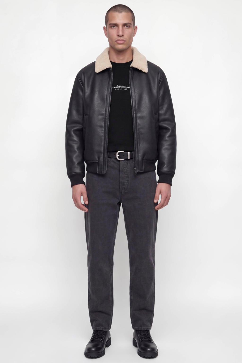 Zwarte heren JACK & JONES PREMIUM regular fit longsleeve van katoen met lange mouwen en ronde hals