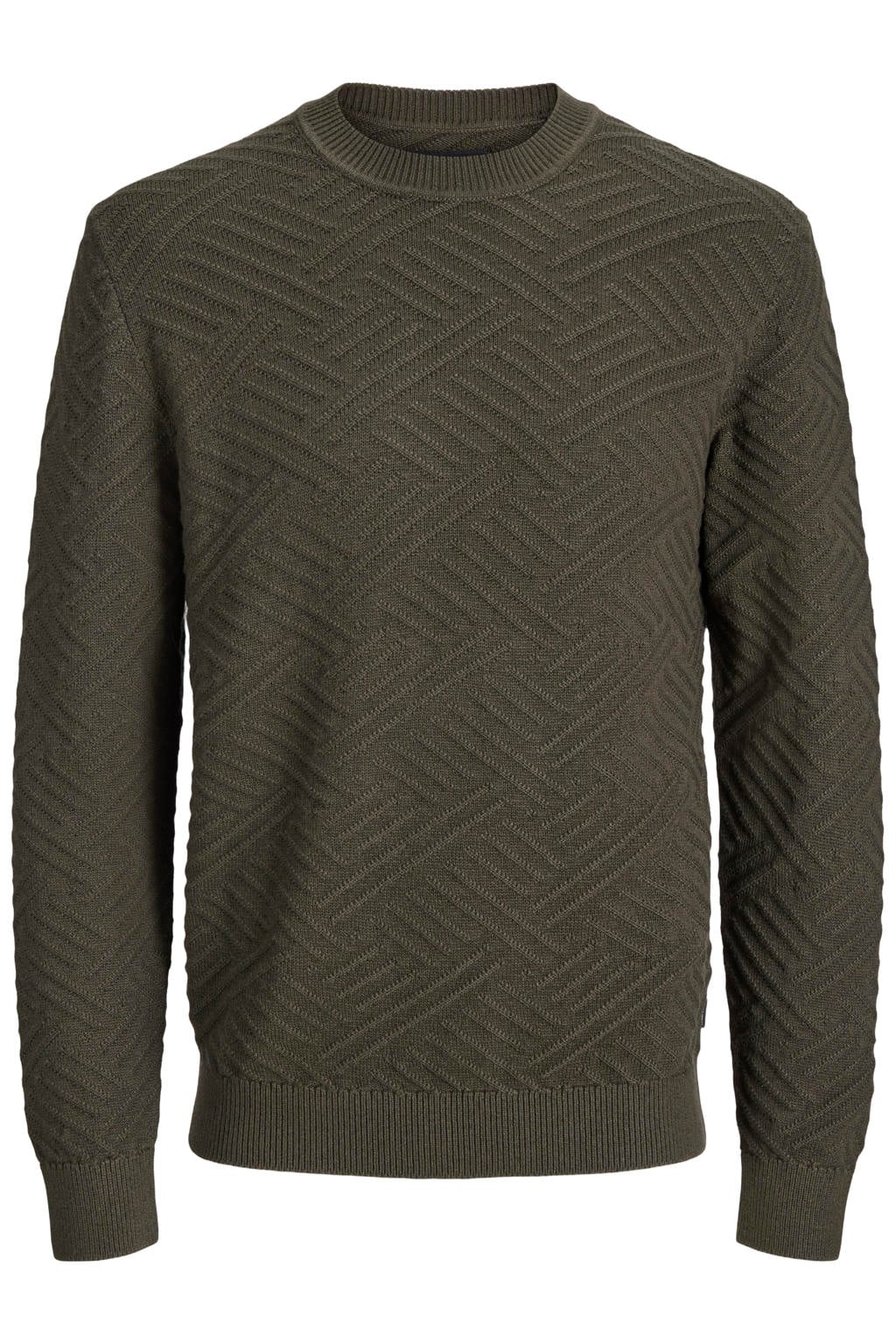 Donkergroene heren JACK & JONES PREMIUM katoenen regular fit gebreide trui met lange mouwen en ronde hals