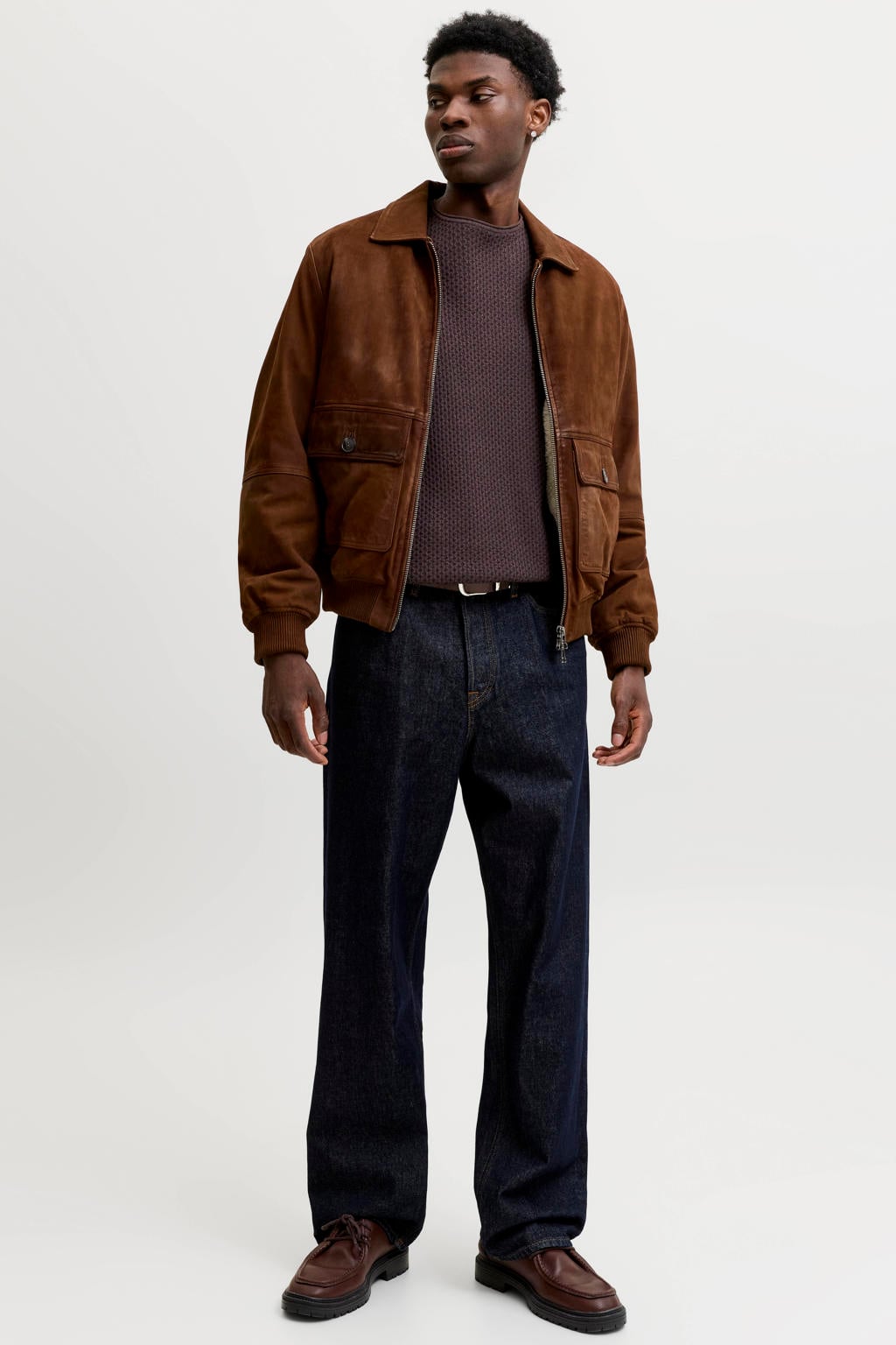 Bruine heren JACK & JONES PREMIUM katoenen regular fit gebreide trui met lange mouwen en ronde hals