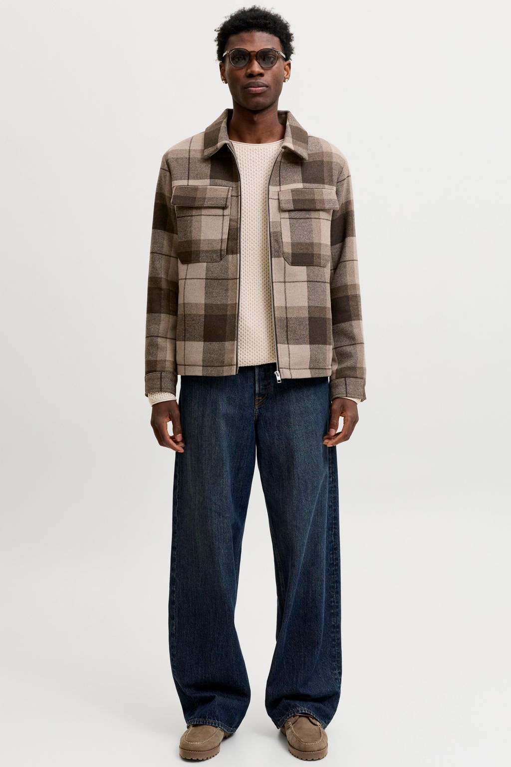 Beige heren JACK & JONES PREMIUM katoenen regular fit gebreide trui met lange mouwen en ronde hals