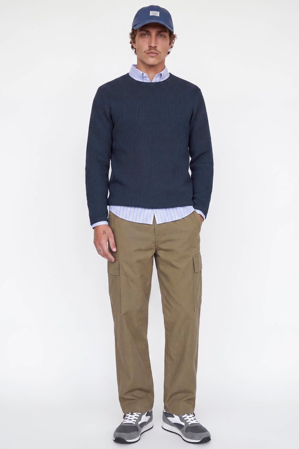 Donkerblauwe heren JACK & JONES PREMIUM katoenen regular fit gebreide trui met lange mouwen en ronde hals