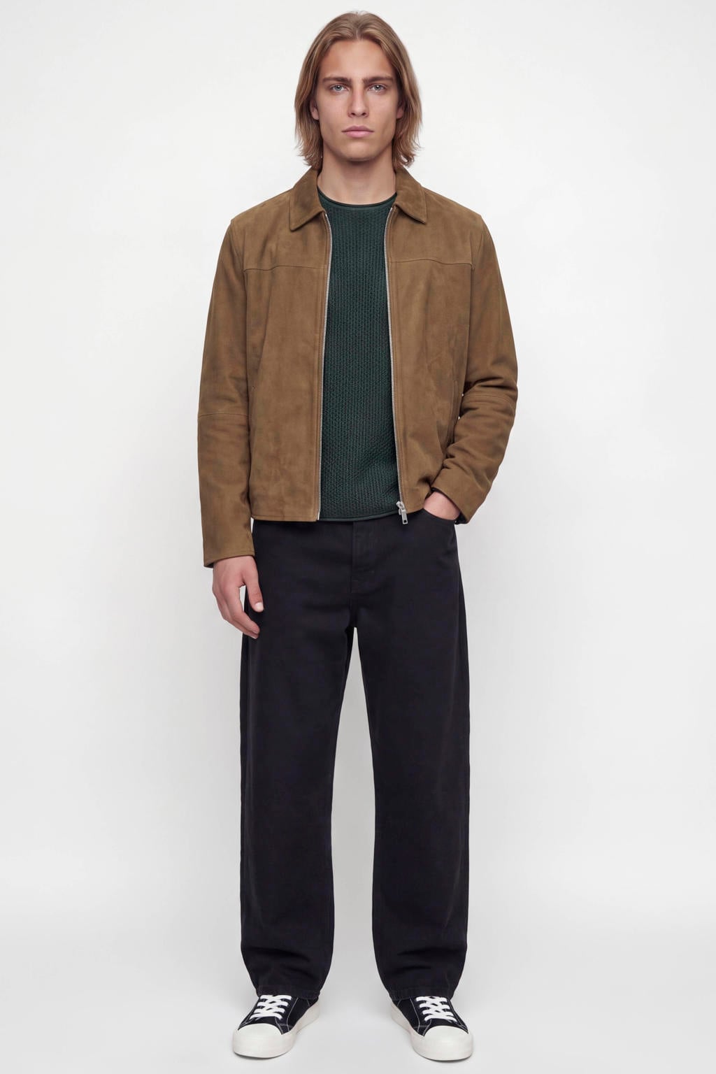 Donkergroene heren JACK & JONES PREMIUM katoenen regular fit gebreide trui met lange mouwen en ronde hals
