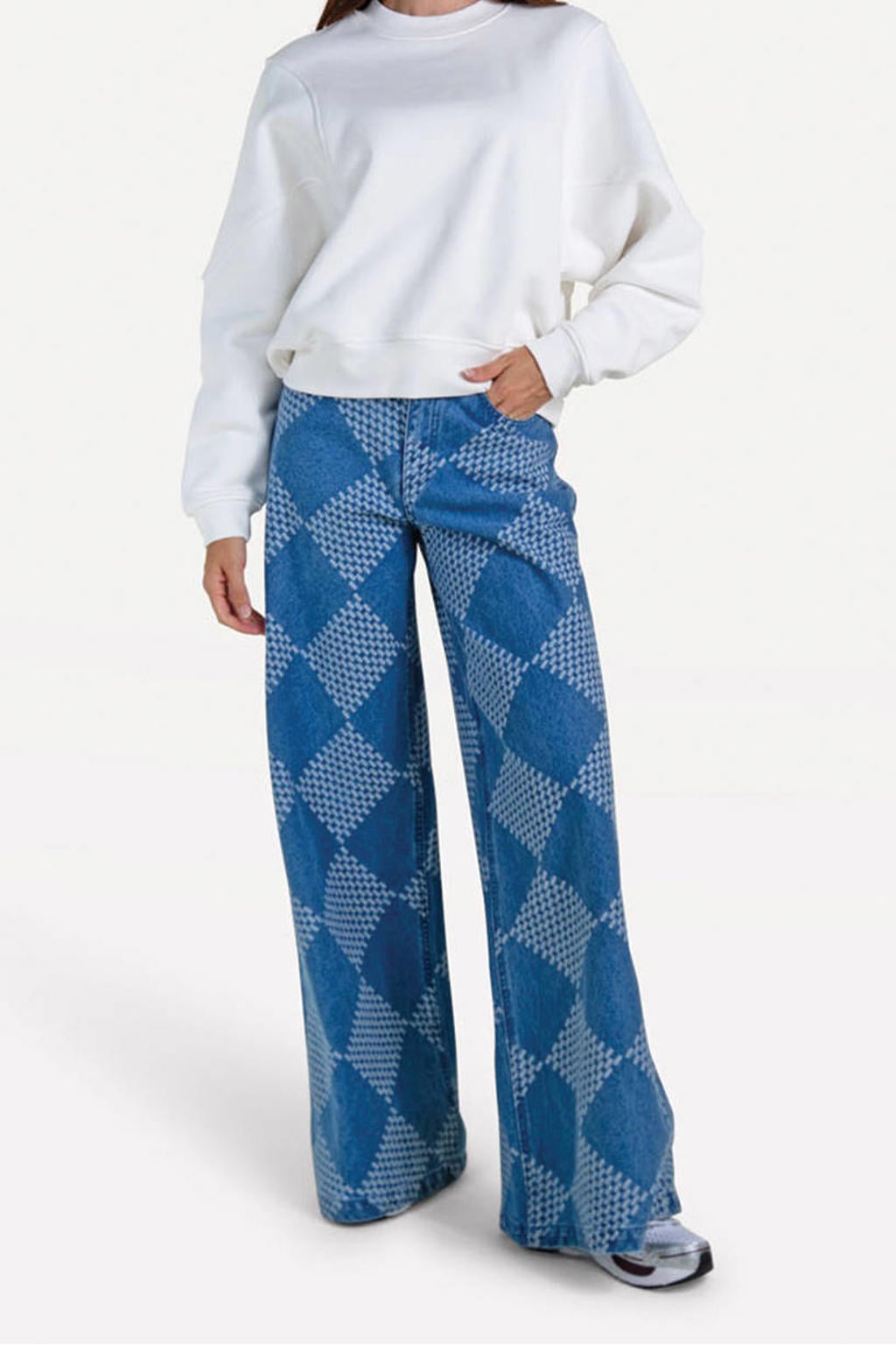 Medium blue denim dames Another-Label geruite wide leg jeans middelblauw van katoen met high waist en rits- en knoopsluiting