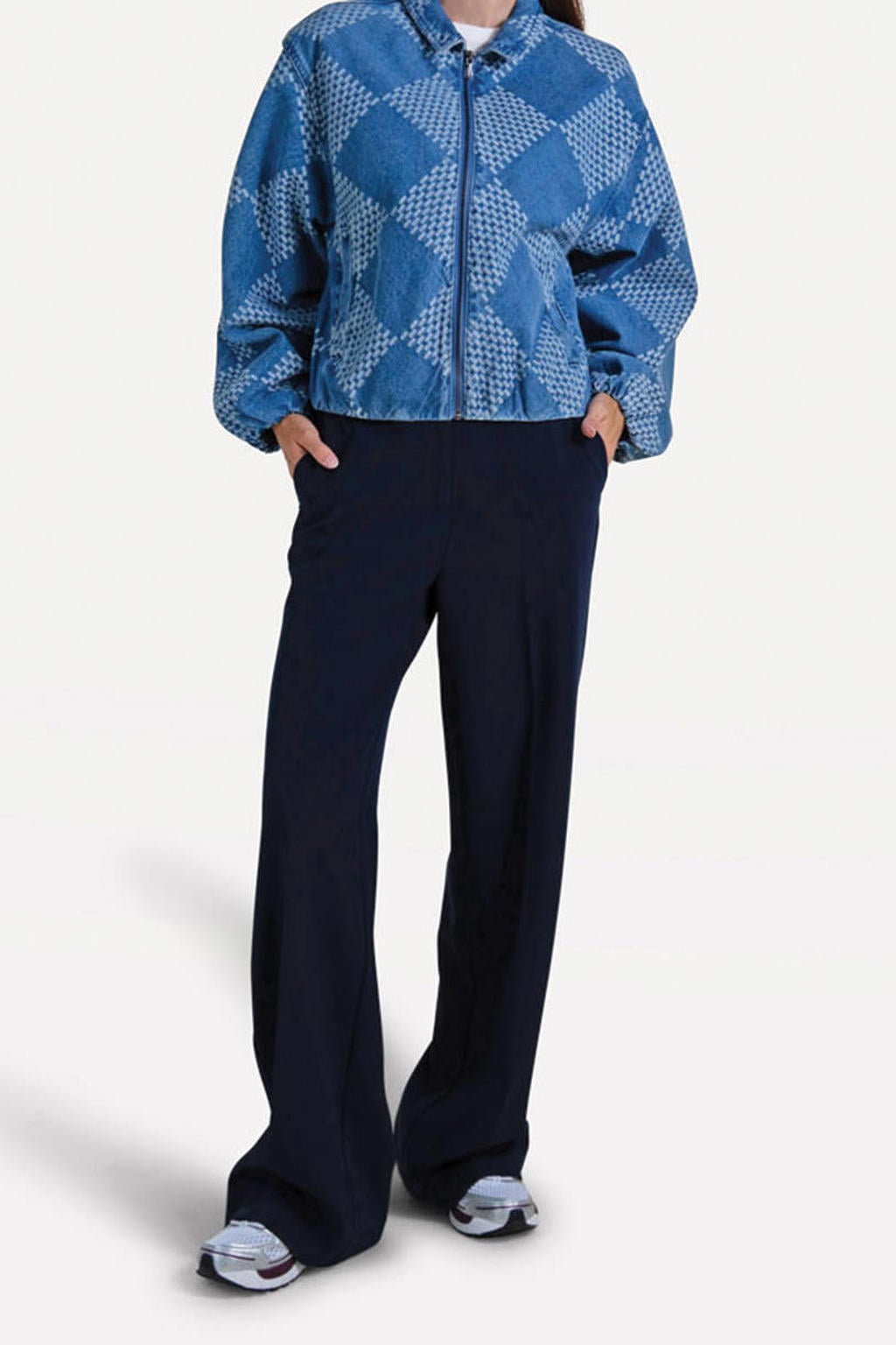 Medium blue denim dames Another-Label geruite spijkerjas mediumblauw van katoen met lange mouwen en klassieke kraag