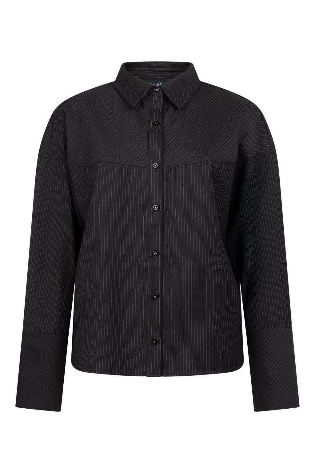 Zwarte dames Another-Label blouse van polyester met krijtstreepprint, lange mouwen, klassieke kraag en knoopsluiting