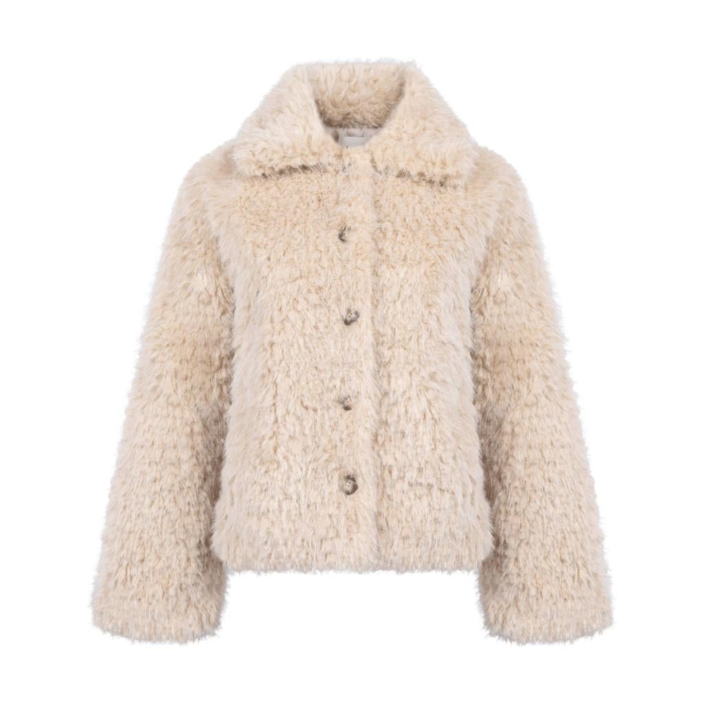 Zandkleurige dames Another-Label imitatiebont faux fur jas met effen en lange mouwen