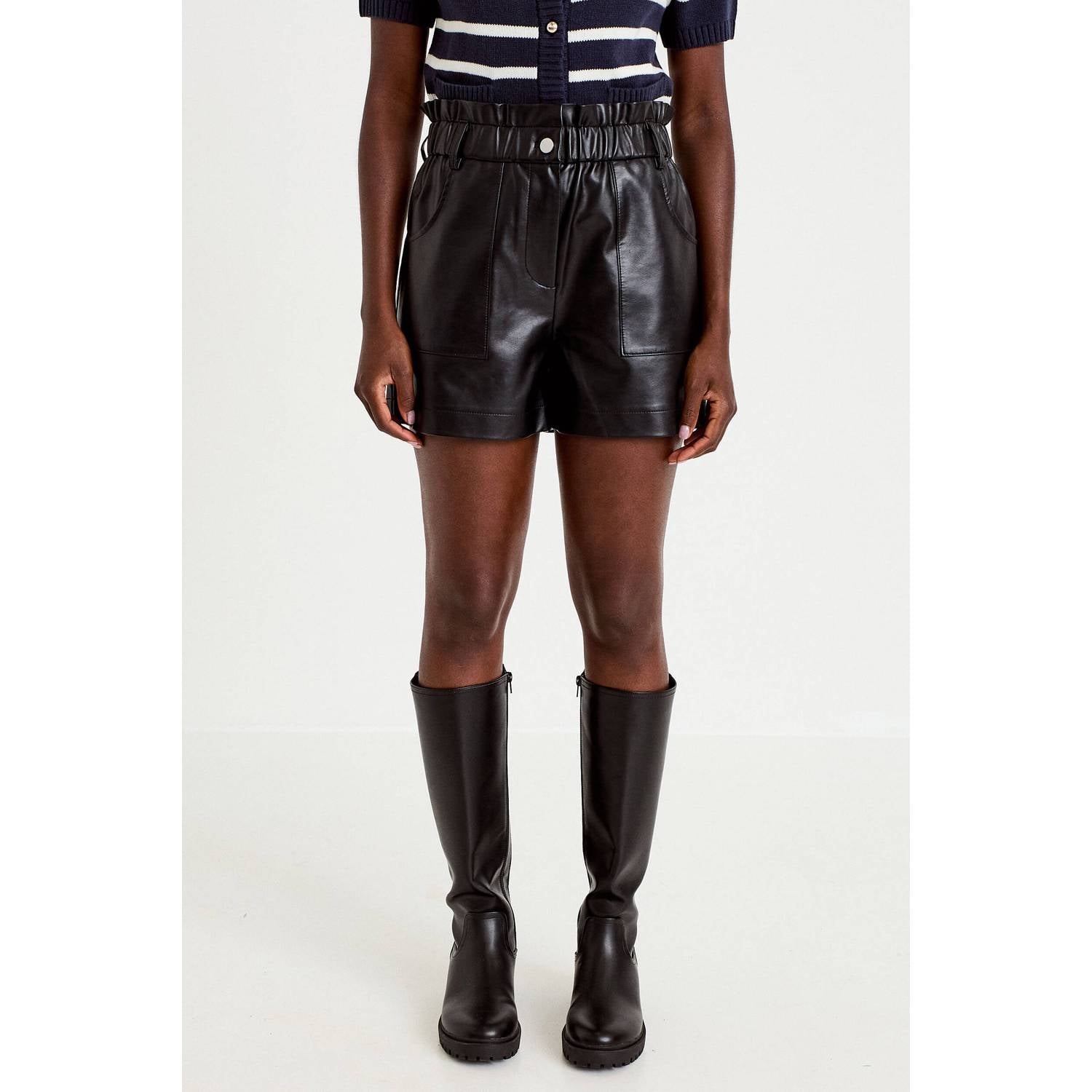 Cache imitatieleren wide leg casual short met ruches zwart