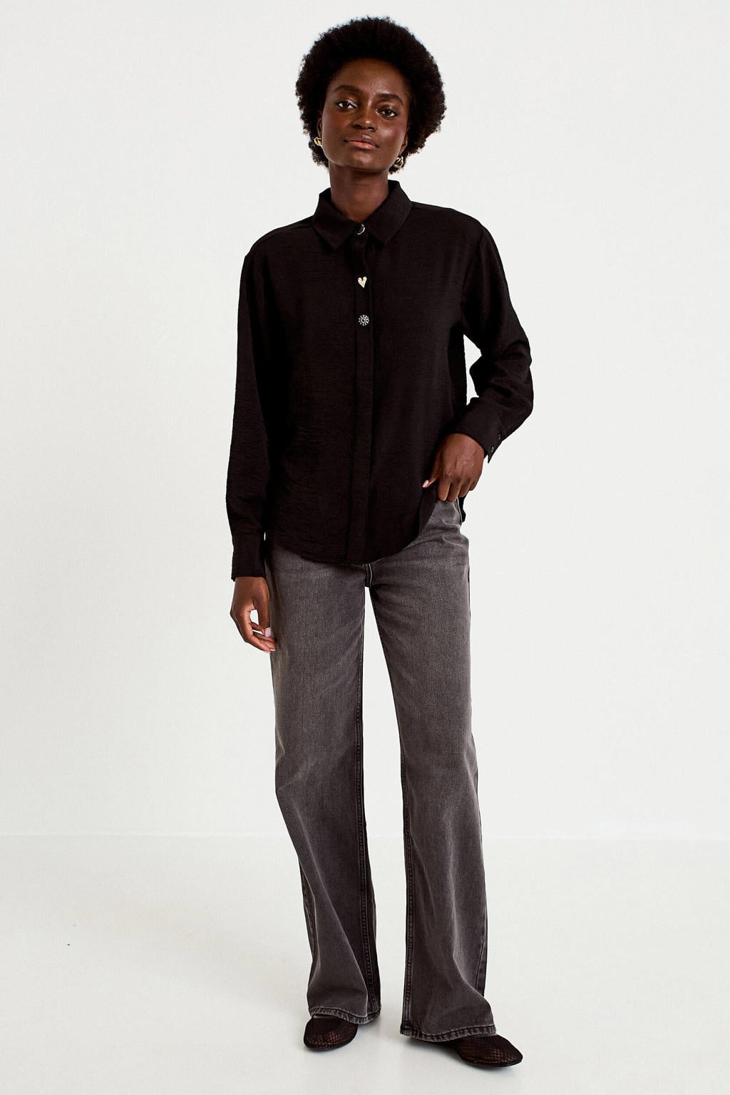 Zwarte dames Cache Cache blouse van polyester met effen, lange mouwen, klassieke kraag, knoopsluiting en sierknopen