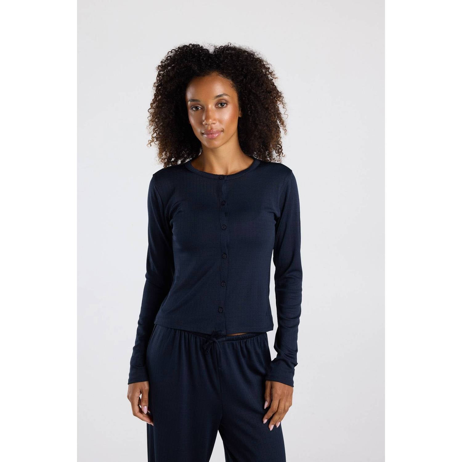 America Today pyjamatop met ajourdetails donkerblauw