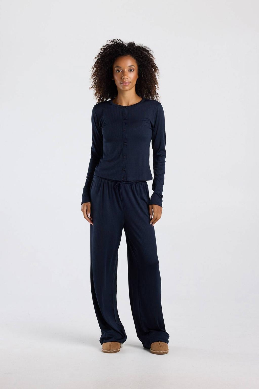 America Today pyjamatop met ajourdetails - donkerblauw