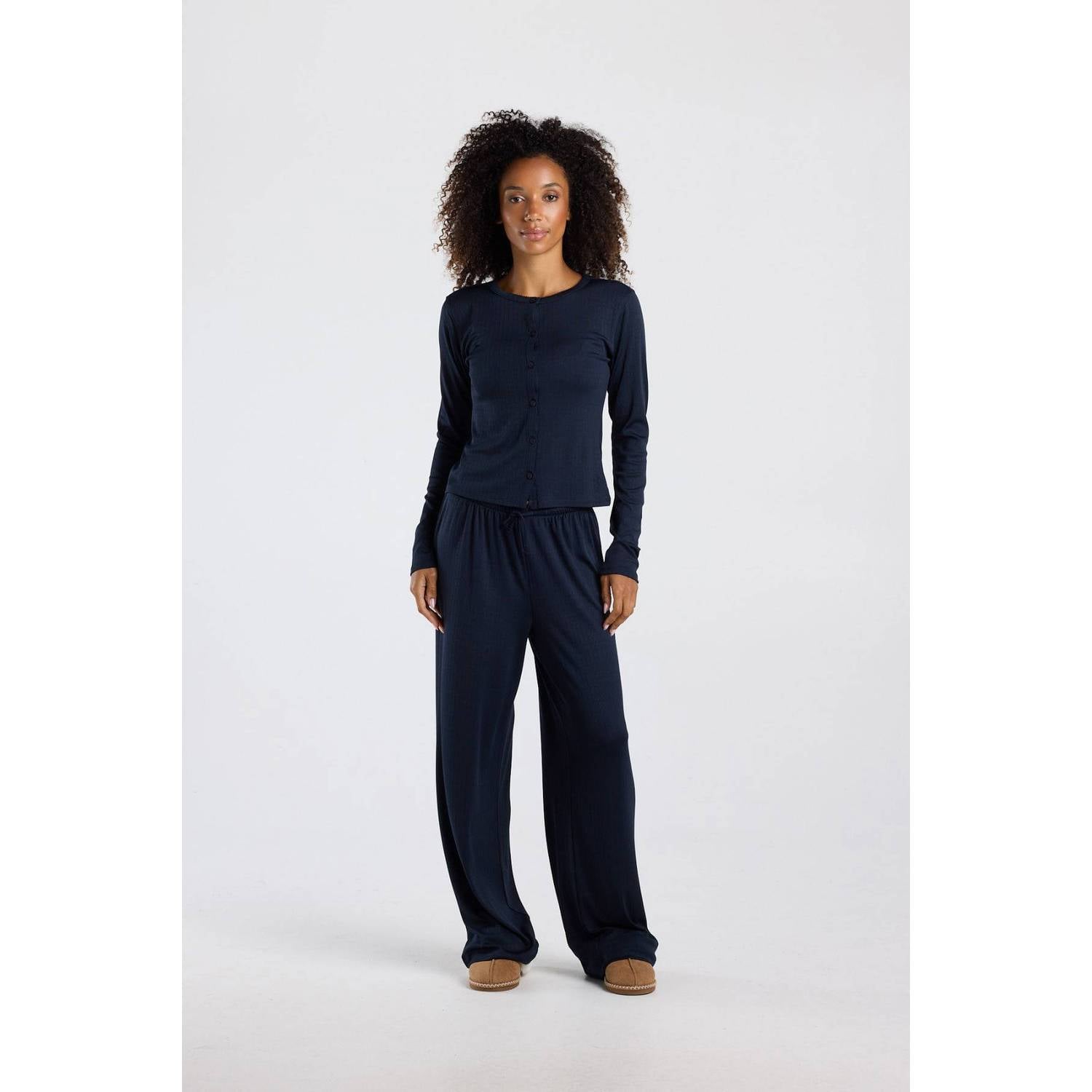 America Today pyjamatop met ajourdetails donkerblauw