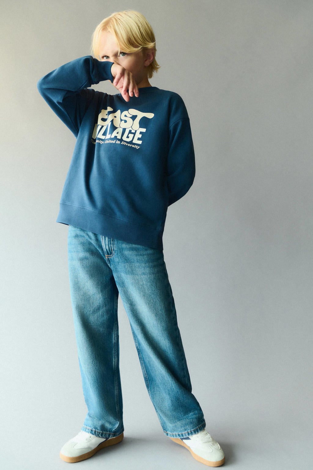 Blauwe jongens Mango Kids sweater met tekst print, lange mouwen en ronde hals