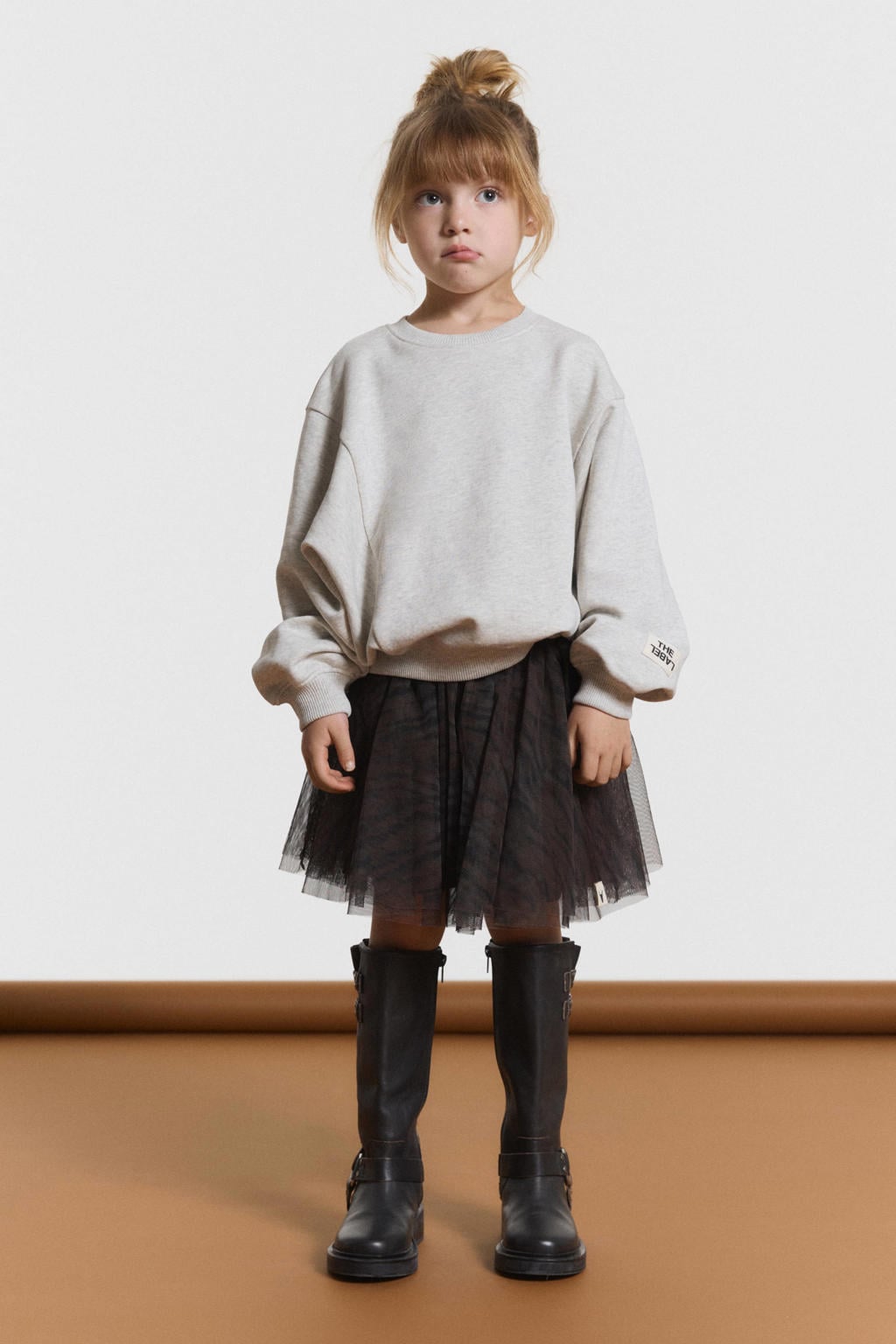Lichtgrijze meisjes Alix Mini oversized sweater van katoen met printopdruk, lange mouwen en ronde hals