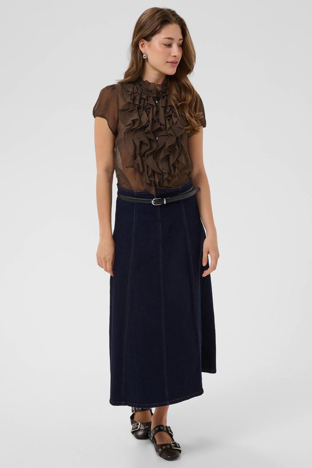 Donkerblauwe dames Saint Tropez semi-transparante blouse van polyester met effen, korte mouwen, opstaande kraag, knoopsluiting en geweven detail