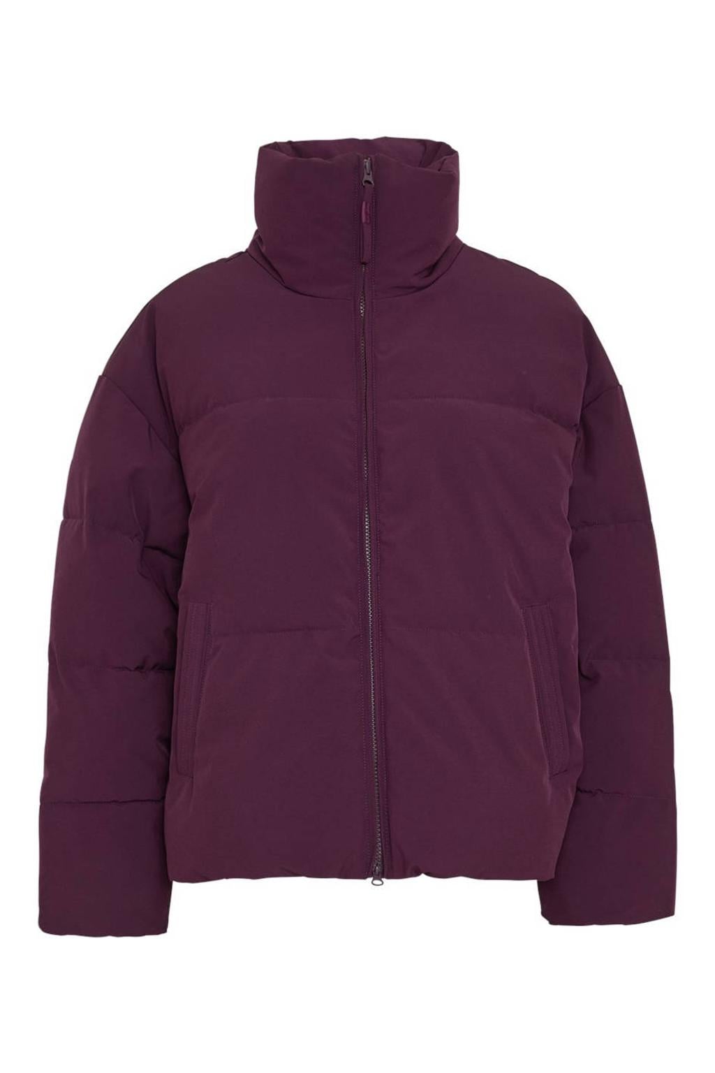 Donkerpaarse dames MSCH Copenhagen pufferjas van gerecycled polyester met effen, lange mouwen en opstaande kraag