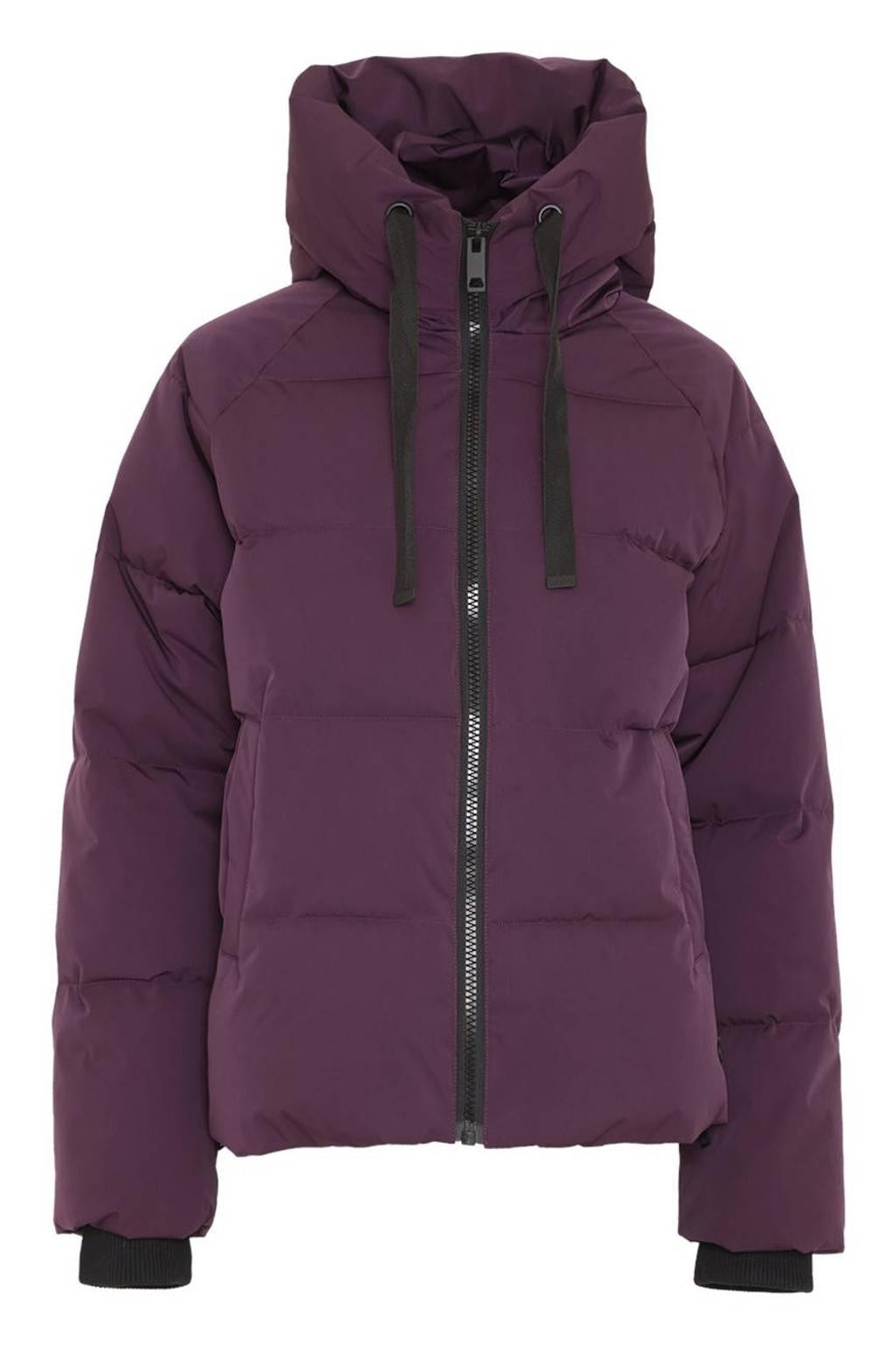 Donkerpaarse dames MSCH Copenhagen pufferjas van gerecycled polyester met effen, lange mouwen, capuchon, ritssluiting en tunnelkoord