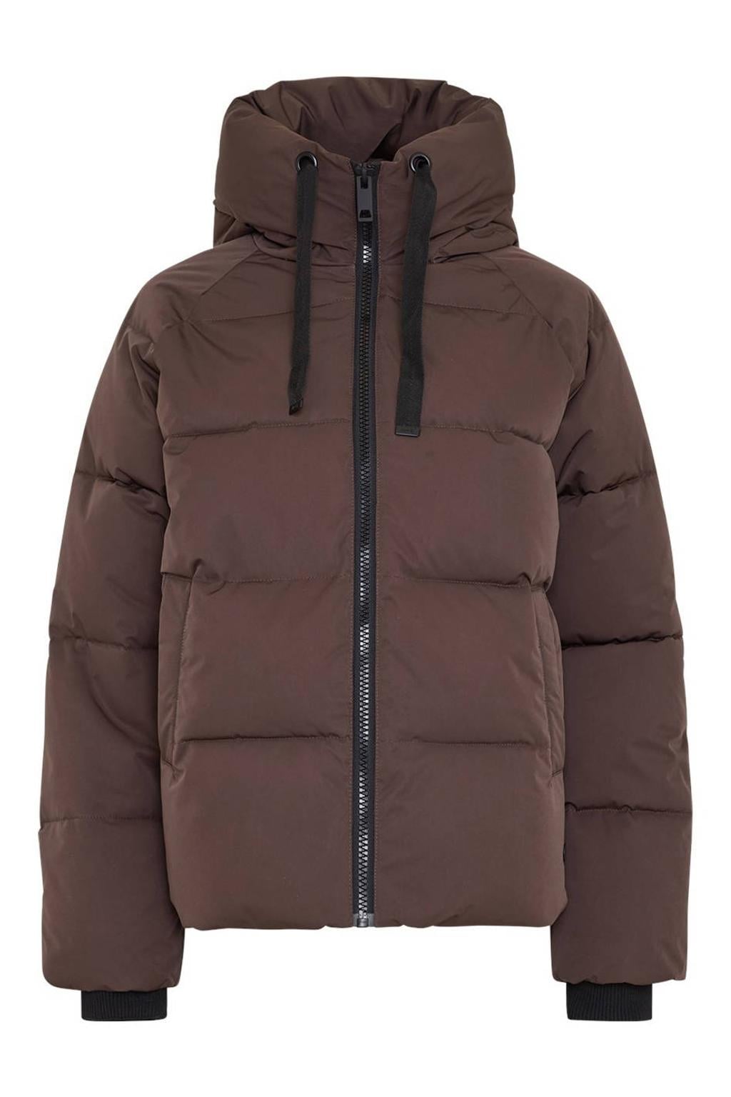 Donkerblauwe dames MSCH Copenhagen pufferjas van gerecycled polyester met effen, lange mouwen, capuchon, ritssluiting en tunnelkoord