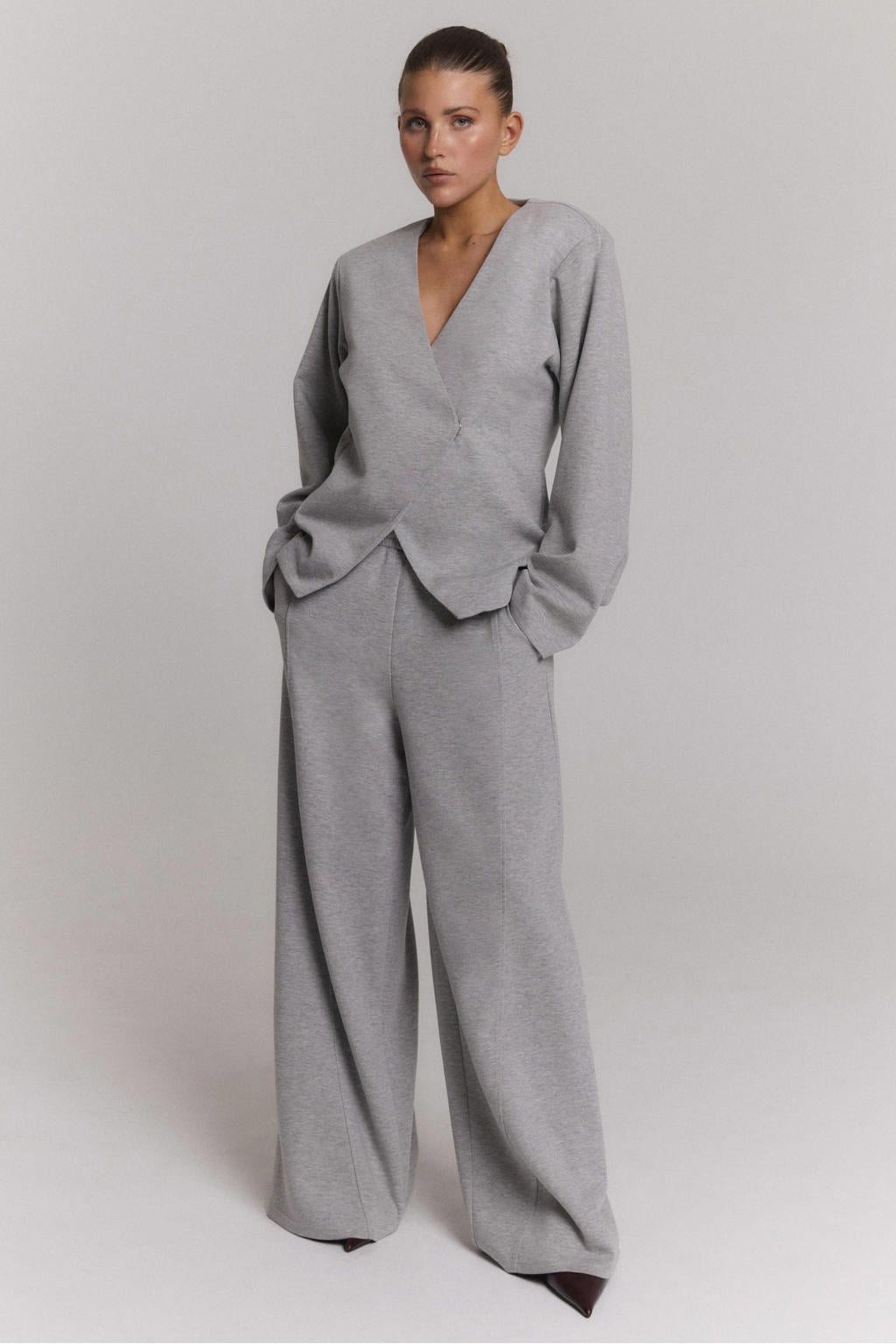 Grijs melange dames Refined Department wide leg regular waist casual broek van viscose met effen