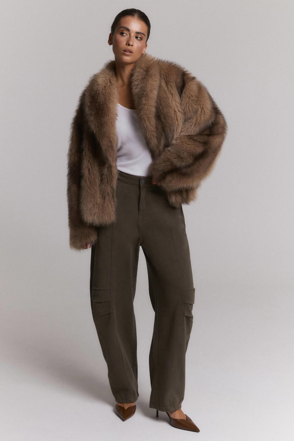 Bruine dames Refined Department imitatiebont jas met effen en lange mouwen