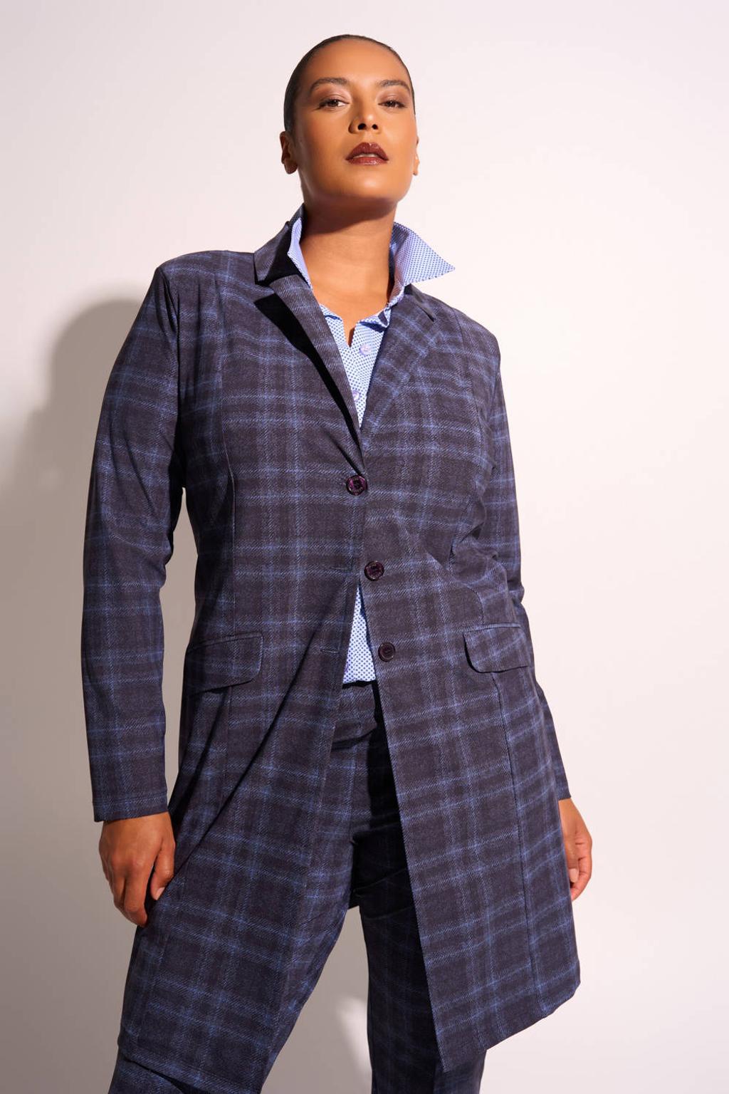 Plus Basics travelstof regular fit geruite blazer - donkerblauw