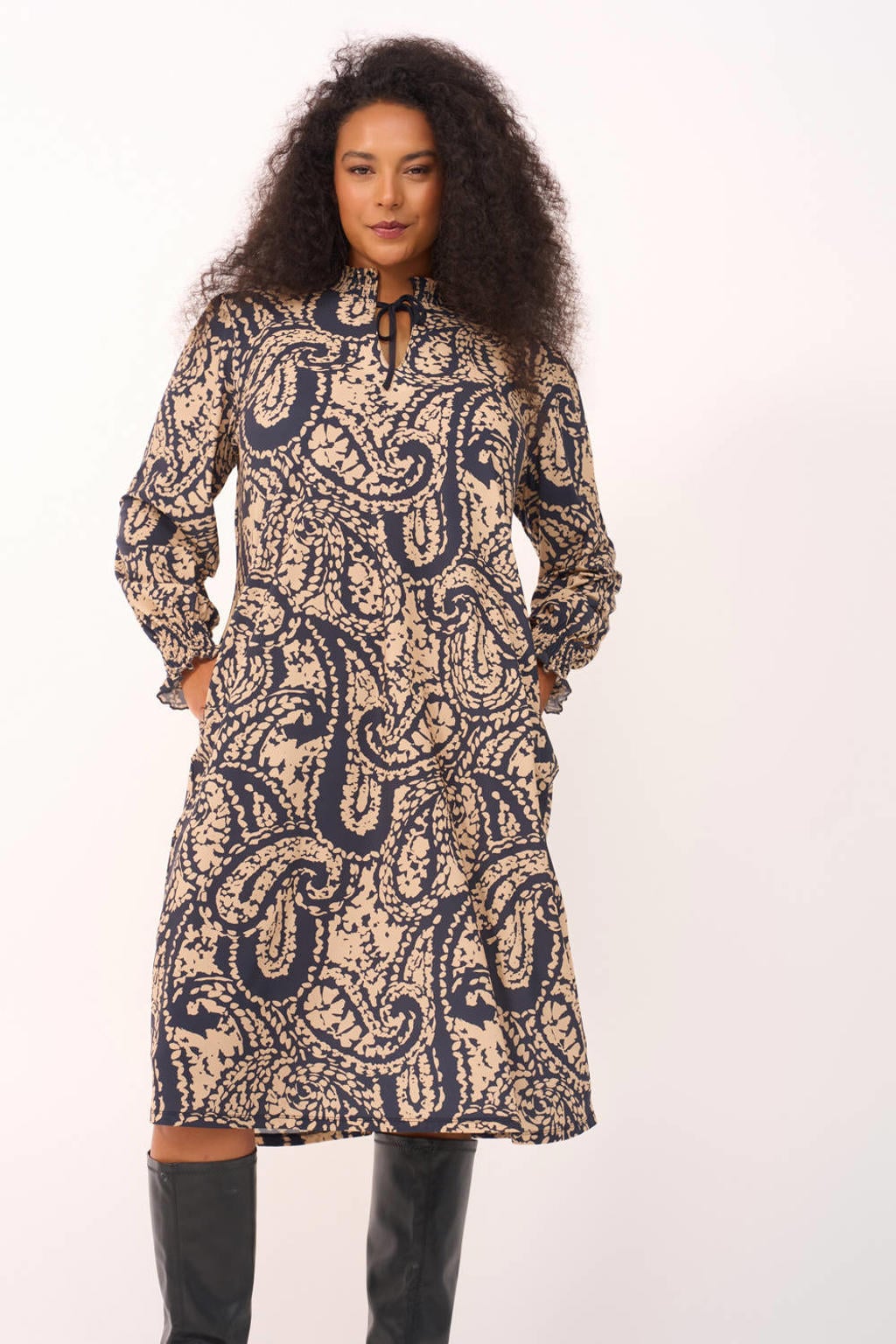 Donkerblauw en beige dames Plus Basics Plus Size A-lijn jurk met print van polyamide met lange mouwen, opstaande kraag en striksluiting