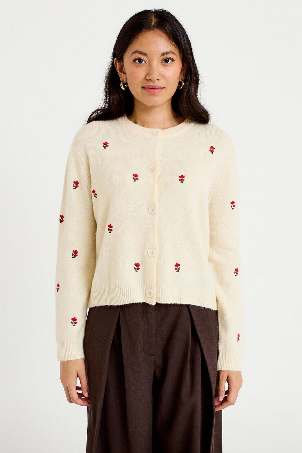 Cache Cache wollen gebreid gebloemd vest met borduursels - beige