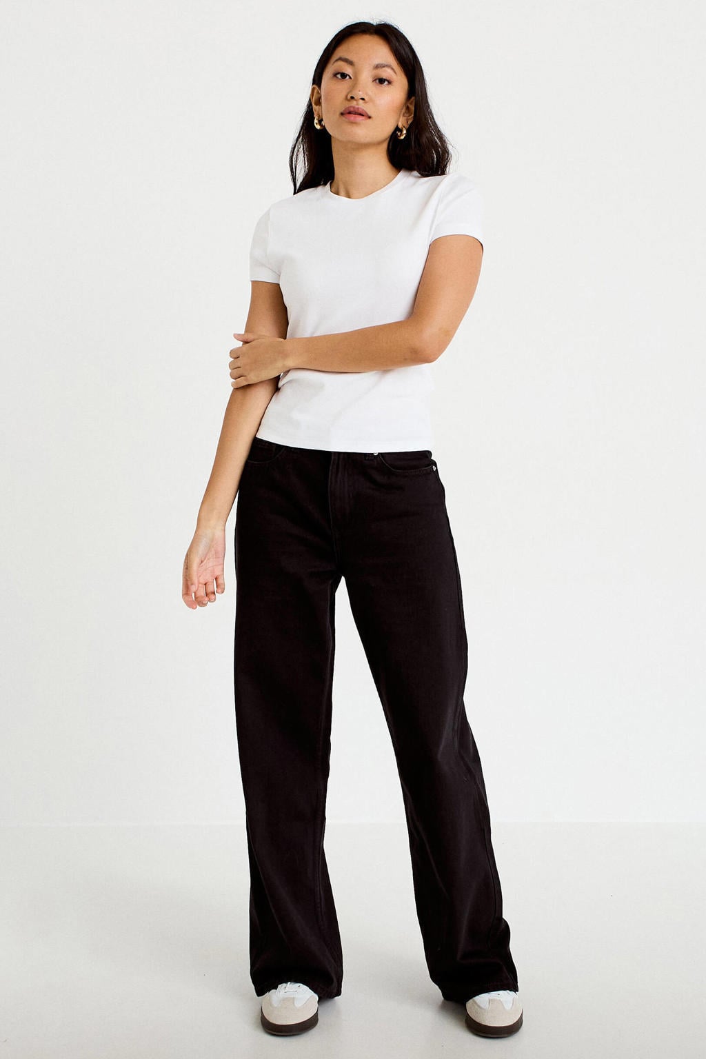 Black denim dames Cache Cache wide leg jeans van denim met rits- en knoopsluiting en effen