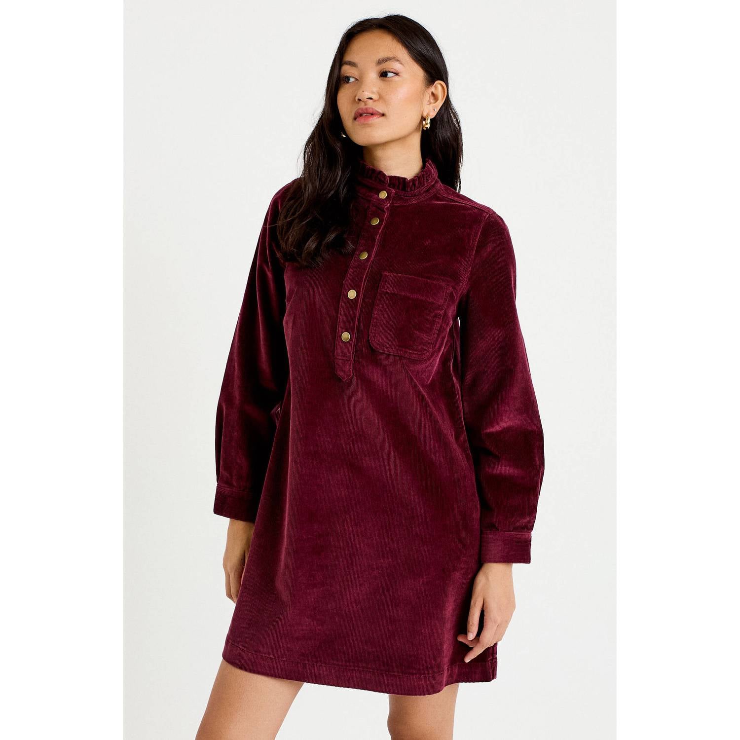 Cache corduroy mini jurk met ruches donkerrood