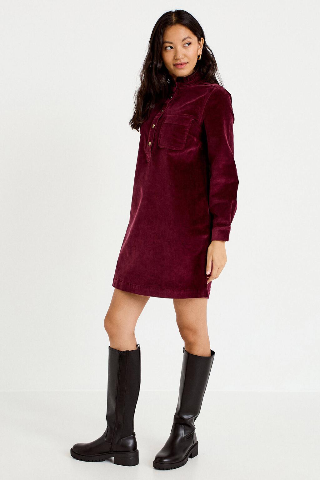 Cache Cache corduroy mini jurk met ruches - donkerrood