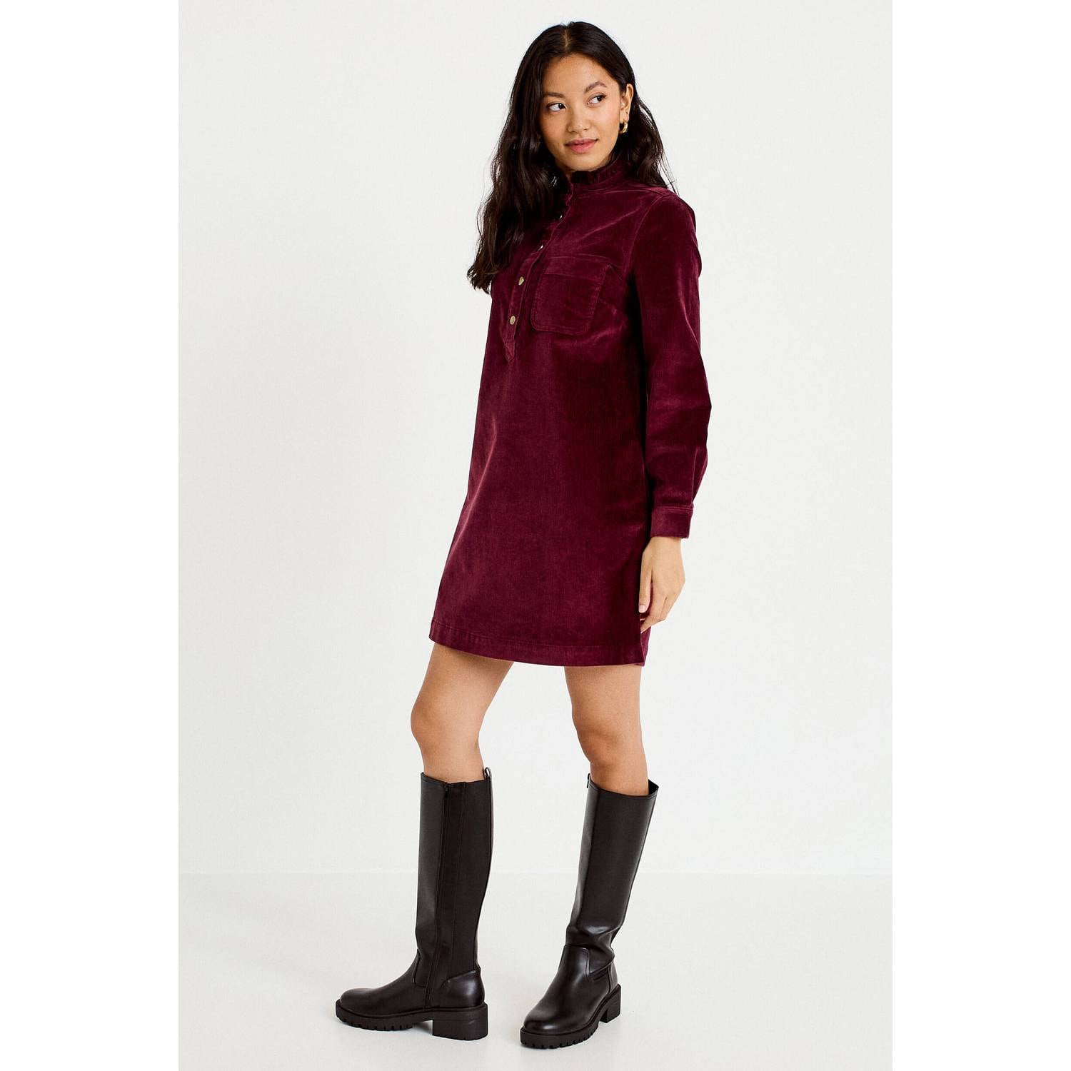 Cache corduroy mini jurk met ruches donkerrood