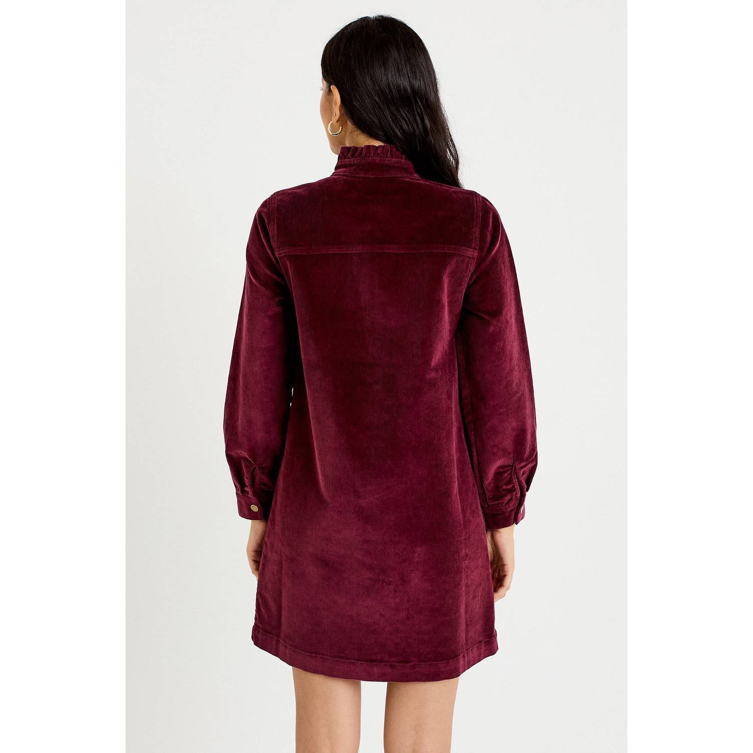Cache corduroy mini jurk met ruches donkerrood