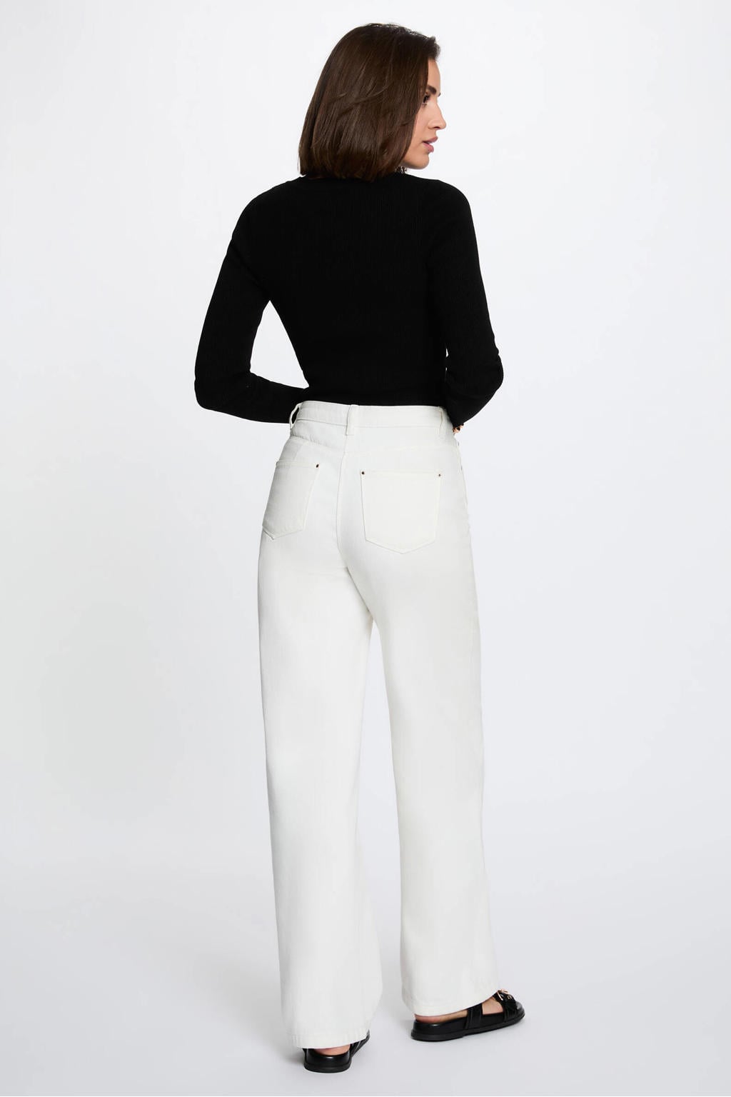 Zwarte dames Morgan top van viscose met effen, lange mouwen, V-hals en rib gebreide details